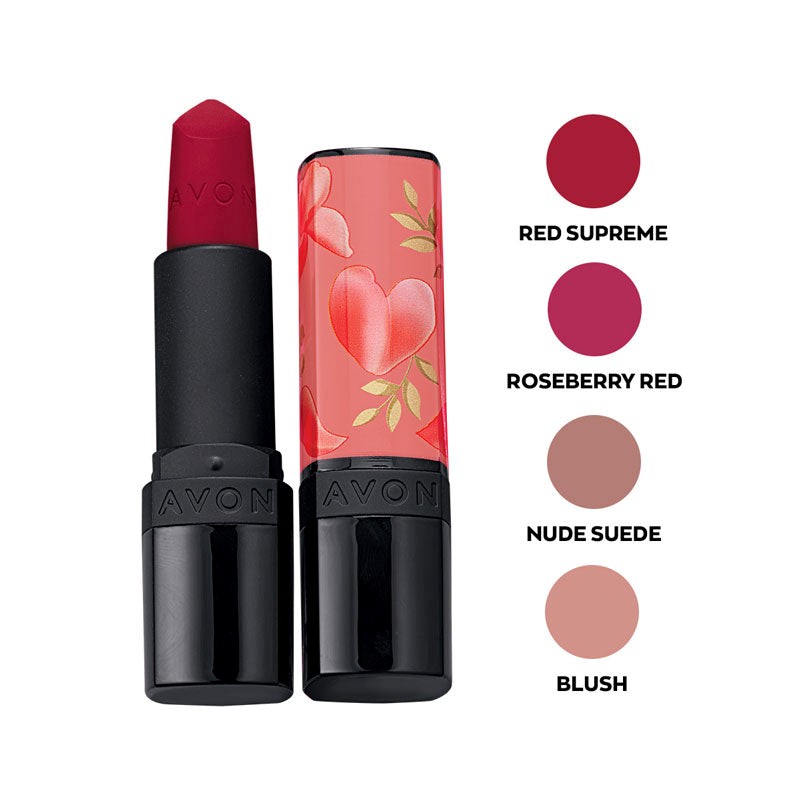 Fall in love with bold color and velvety comfort with the Avon Love Me Matte Collection Ultra Perfectly Matte Lipstick (3.6g). This richly pigmented lipstick delivers a smooth, full-coverage matte finish that feels lightweight and non-drying on the lips. Perfect for everyday glam or a bold night out, it comes in four irresistible shades: Red Supreme (a striking, classic red), Roseberry Red (a deep berry-red with rosy undertones), Nude Suede (a soft, warm nude for a natural look), and Blush (a subtle pink with a delicate, feminine touch). Flaunt lips that feel as good as they look—matte never felt this smooth.